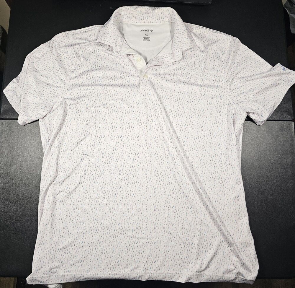 johnnie-O Golf Polo Shirt Geometric Print White Blue Pink Stretch Men's XL